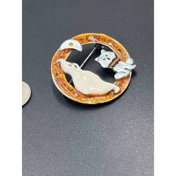 TC Ghost Crossing Halloween Spooky Ghost Cat Orange Brooch - Picture 7 of 7